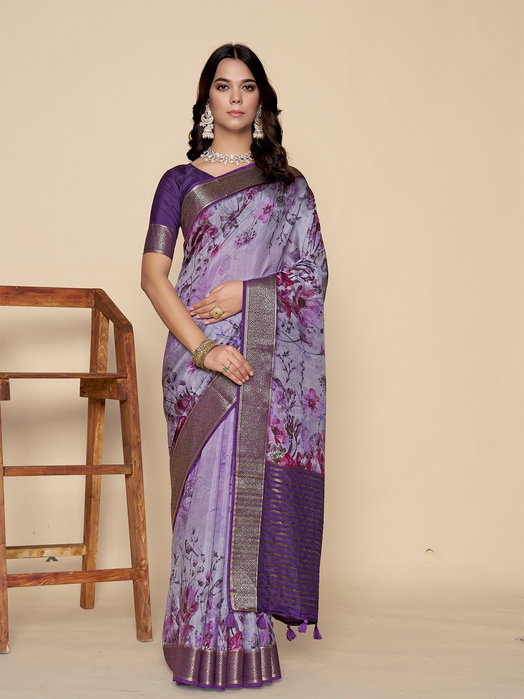 

ETHNIC TODAY Floral Zari Kanjeevaram Saree, Purple