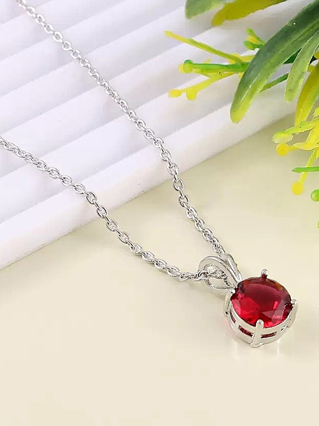 

9blings Silver-Plated Stone Studded Circular Pendant With Chain