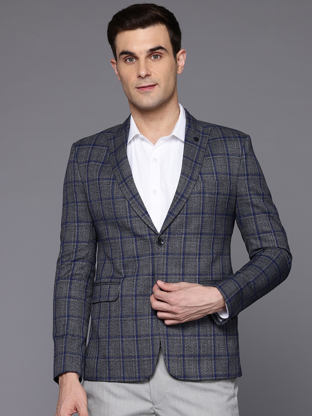 

ESSAS club Slim-Fit Single-Breasted Checked Blazer, Grey