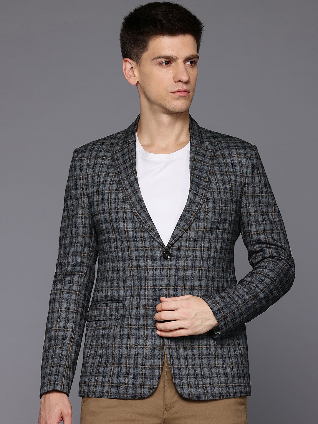 

ESSAS club Checked Single-Breasted Slim Fit Casual Blazer, Blue