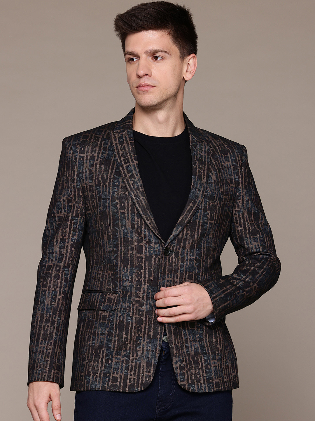 

ESSAS club Abstract Print Single-Breasted Slim Fit Casual Blazer, Brown