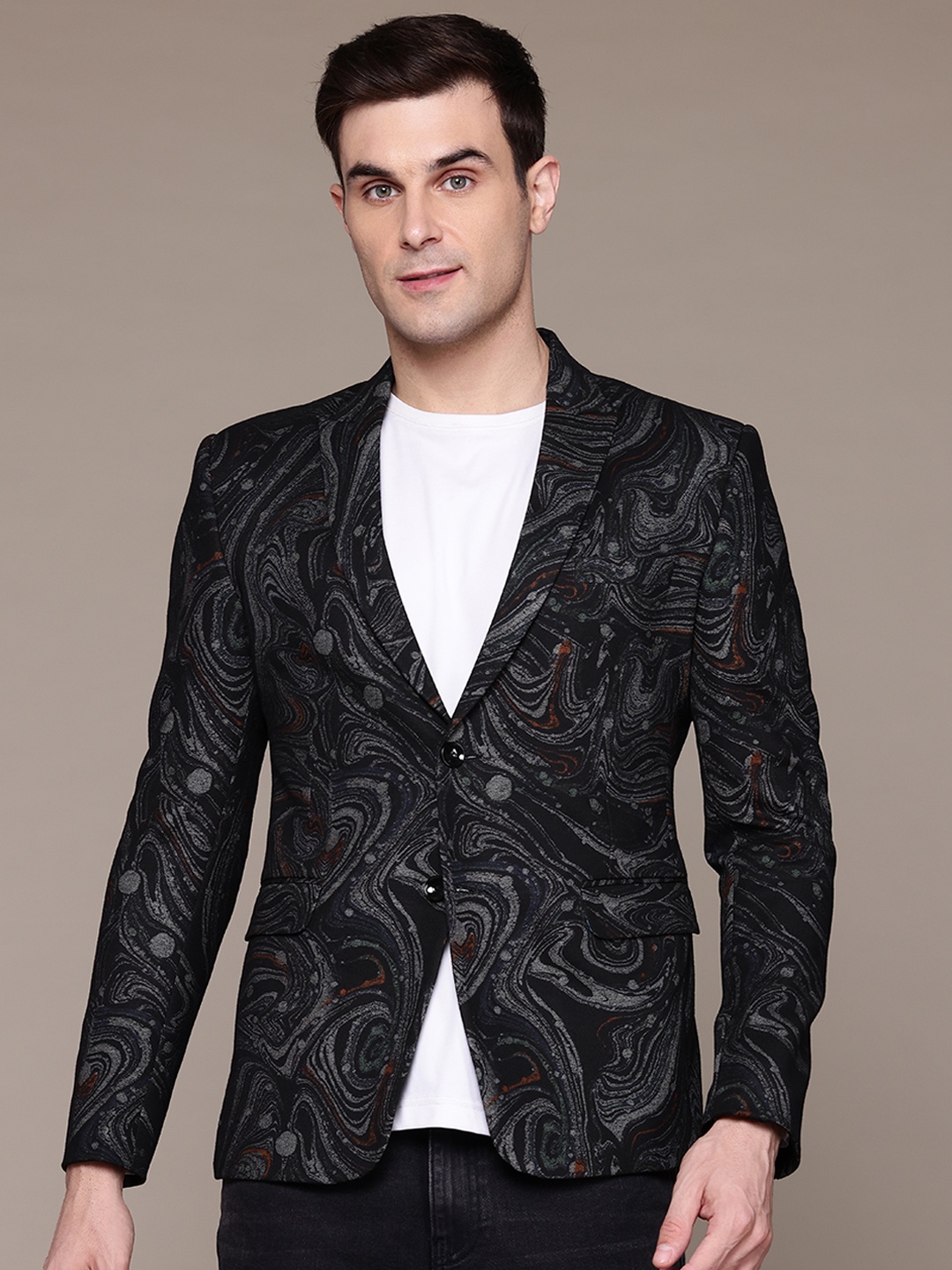 

ESSAS club Abstract Print Single-Breasted Slim Fit Blazer, Black