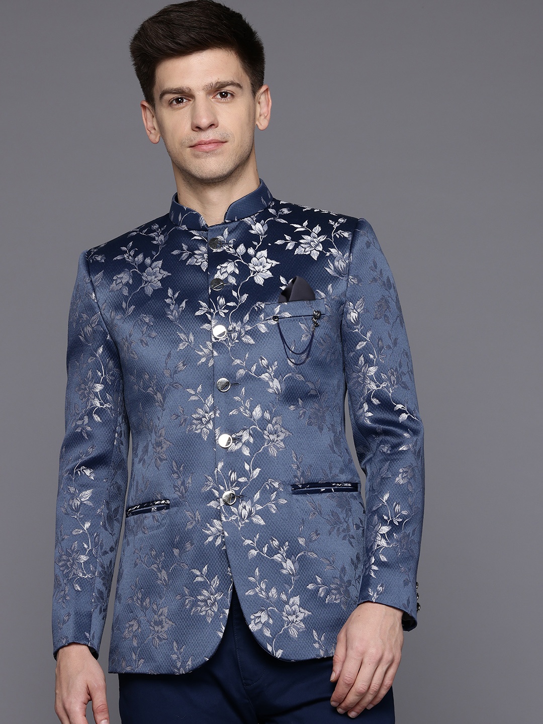

ESSAS club Floral Jacquard Slim Fit Bandhgala Blazer, Blue