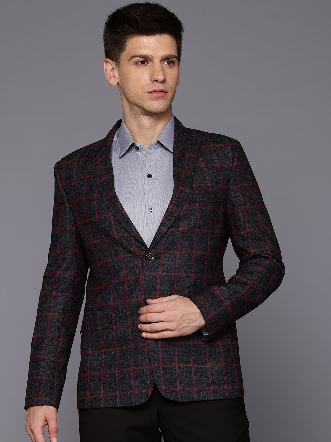 

ESSAS club Slim-Fit Single-Breasted Checked Blazer, Black