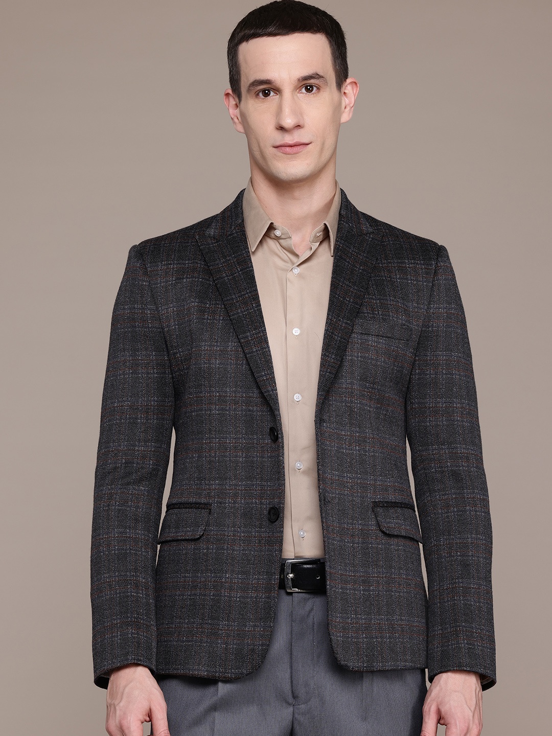 

ESSAS club Slim-Fit Single-Breasted Checked Blazer, Charcoal