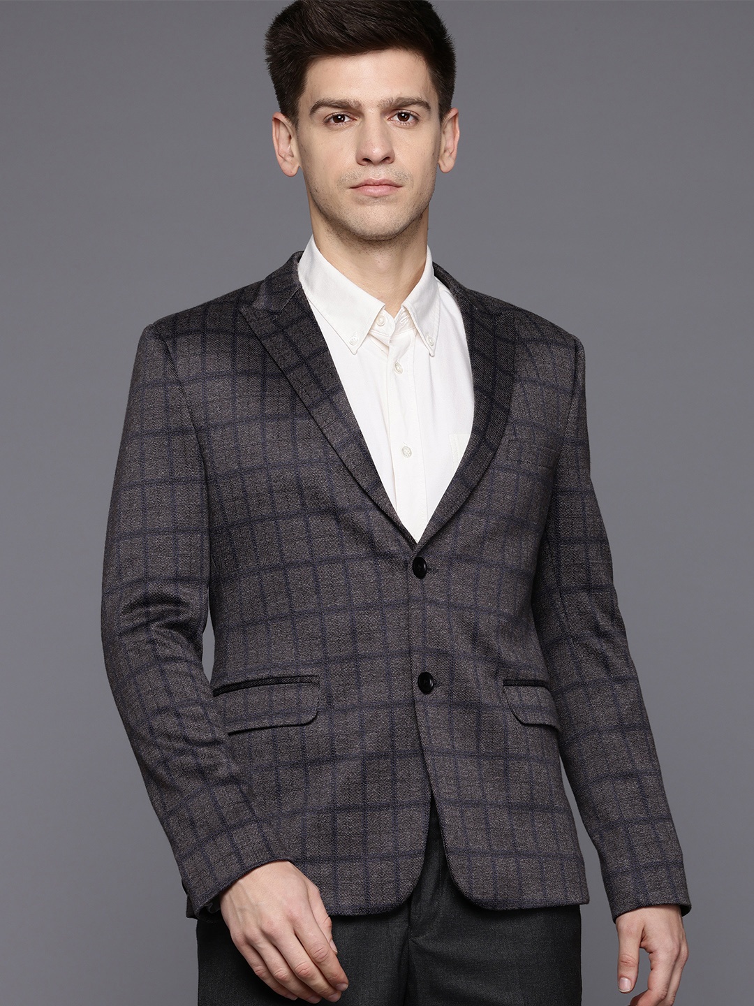 ESSAS club Slim Fit Single-Breasted Checkered Blazer, Grey