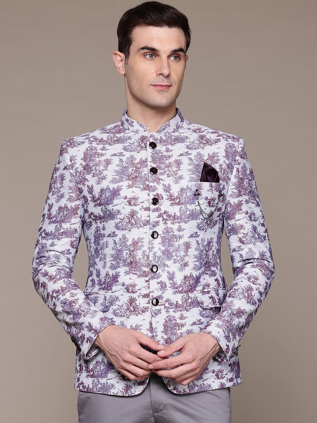 

ESSAS club Slim-Fit Printed Bandhgala Blazer, Lavender