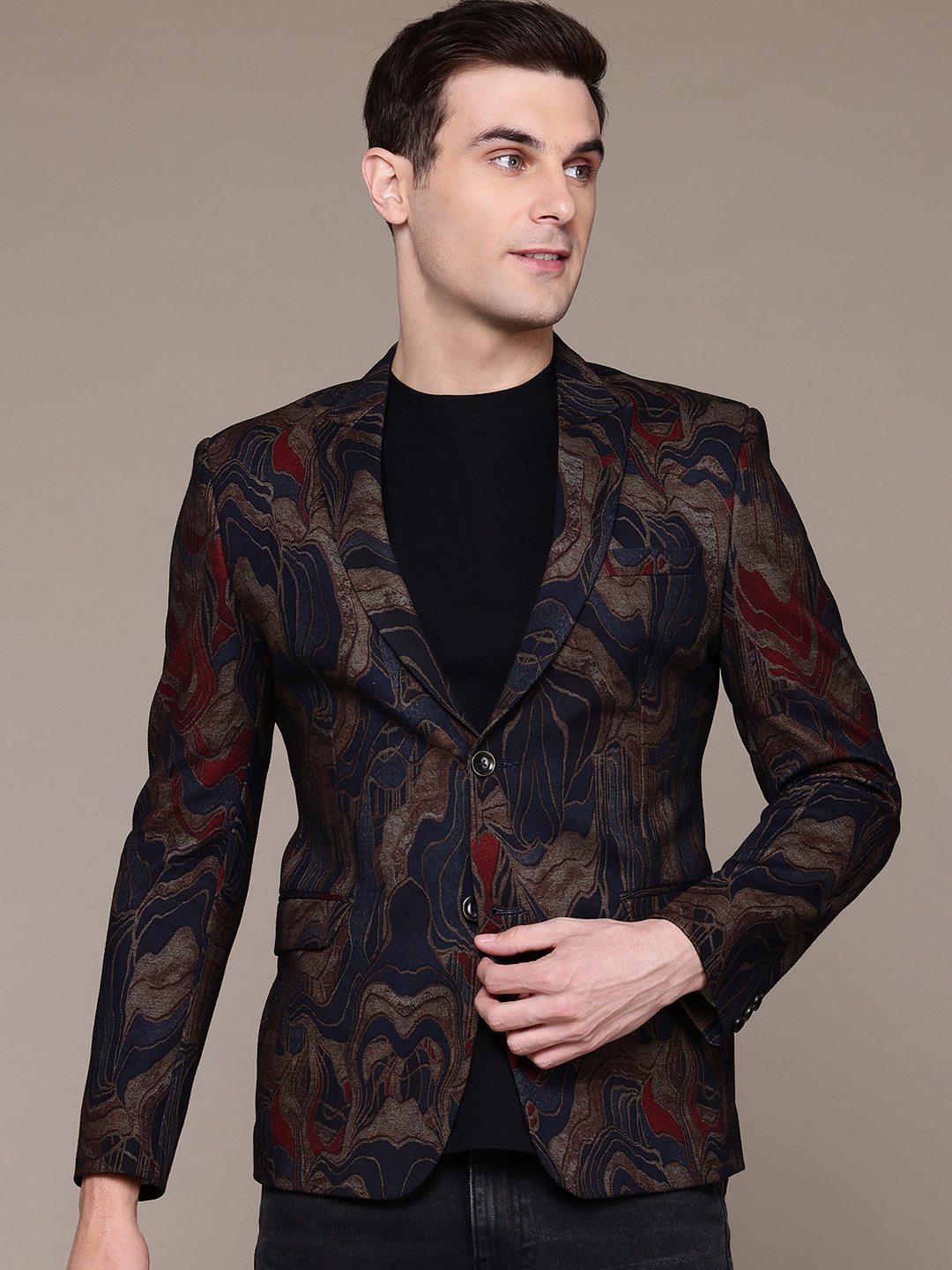 

ESSAS club Abstract Printed Single-Breasted Slim Fit Blazer, Navy blue