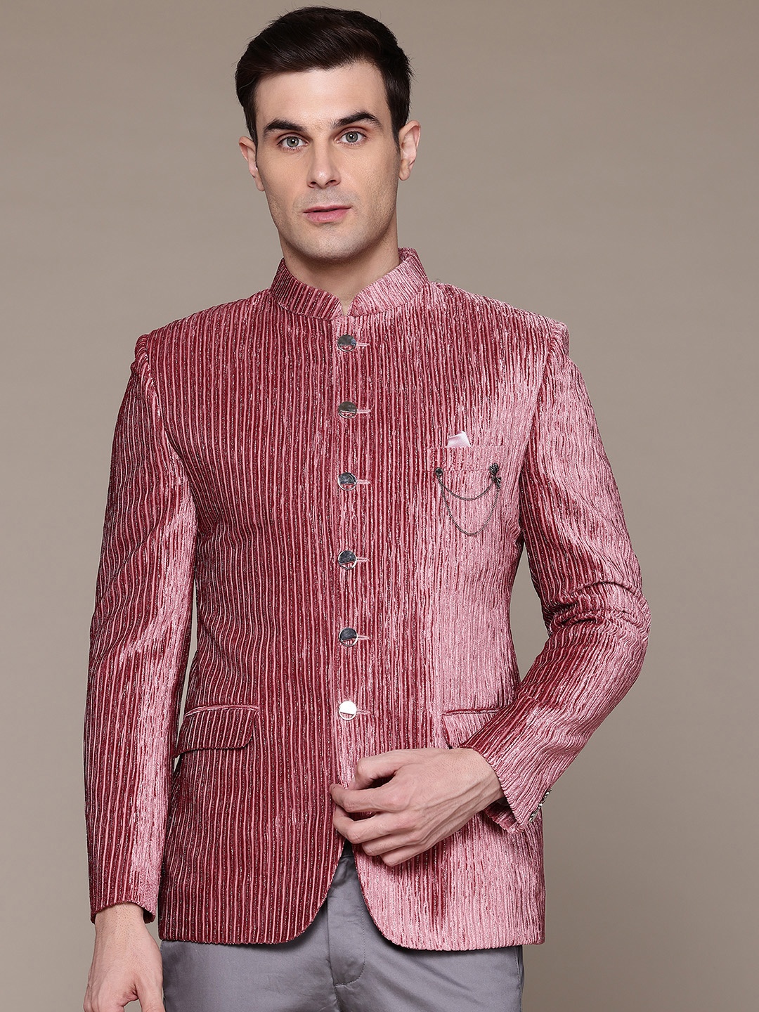 

ESSAS club Velvet Bandhgala Blazer with Silver Shine Threads, Pink