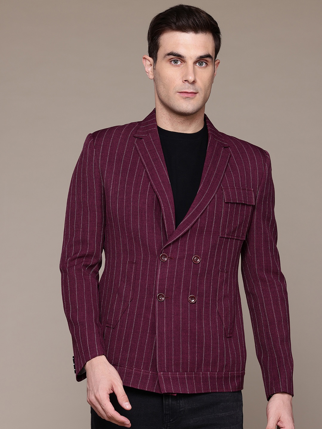 

ESSAS club Striped Double-Breasted Sim Fit Blazer, Maroon