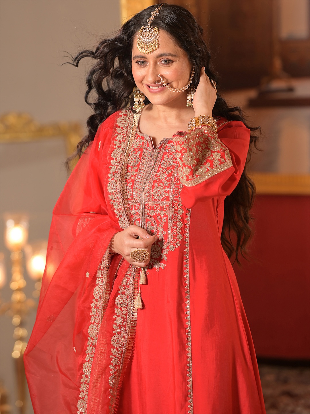 

Indo Era Ethnic Motifs Embroidered Zari A-Line Kurta With Trousers & Dupatta, Red