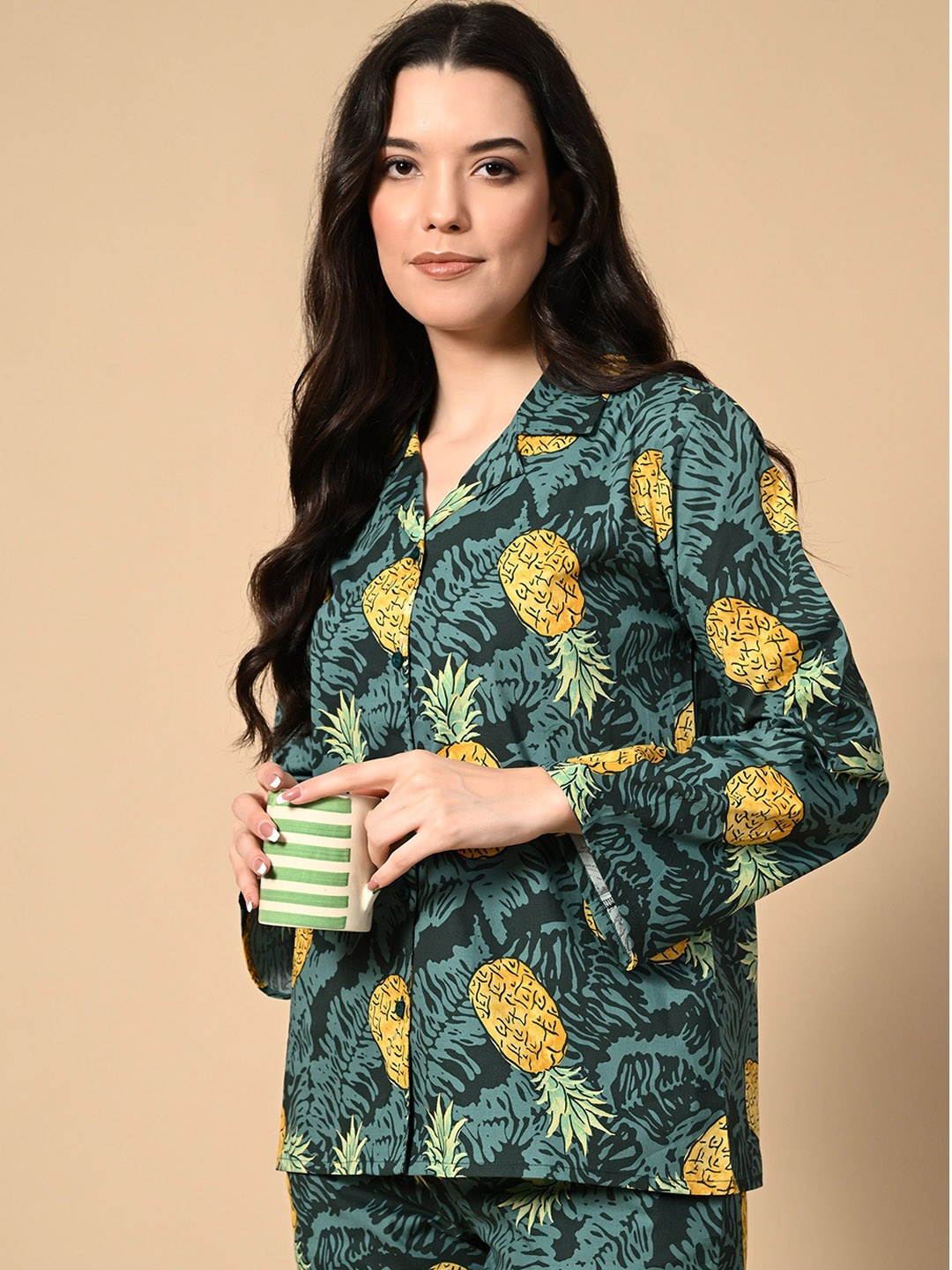 

PANDORNA Printed Lapel Collar Long Sleeves Pure Cotton Shirt With Pyjama, Green