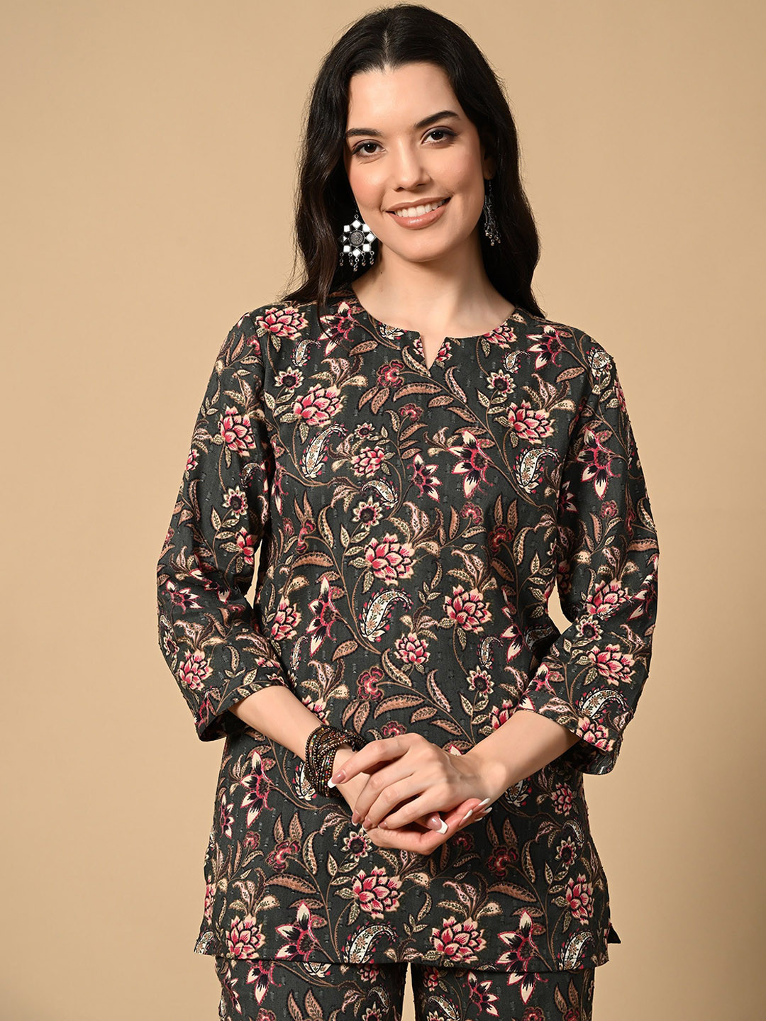 

PANDORNA Floral Printed Three-Quarter Sleeves Top With Trouser, Grey