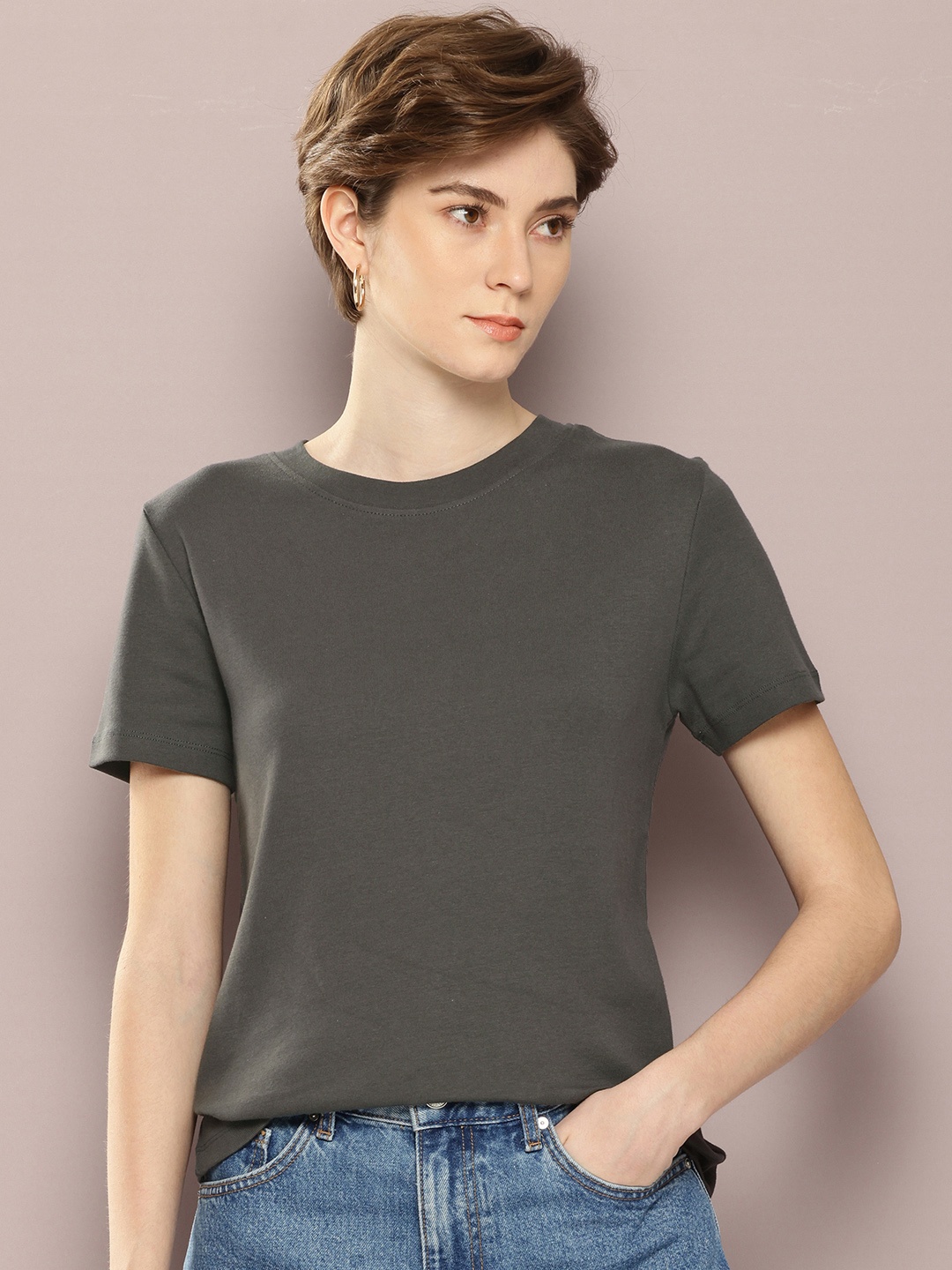 

Kook N Keech Women Ribbed T-shirt, Charcoal