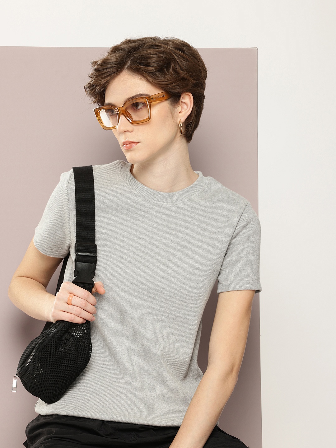 

Kook N Keech Women Solid Ribbed T-shirt, Grey melange