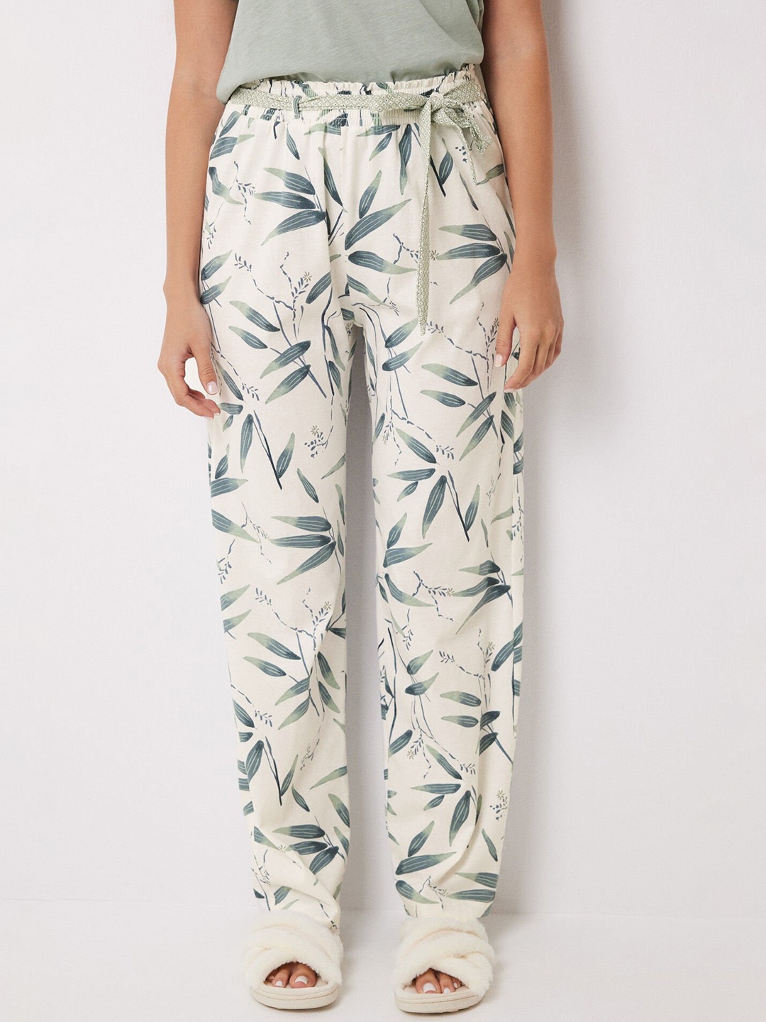 

women'secret Tropical Printed Pure Cotton Lounge Pants, White