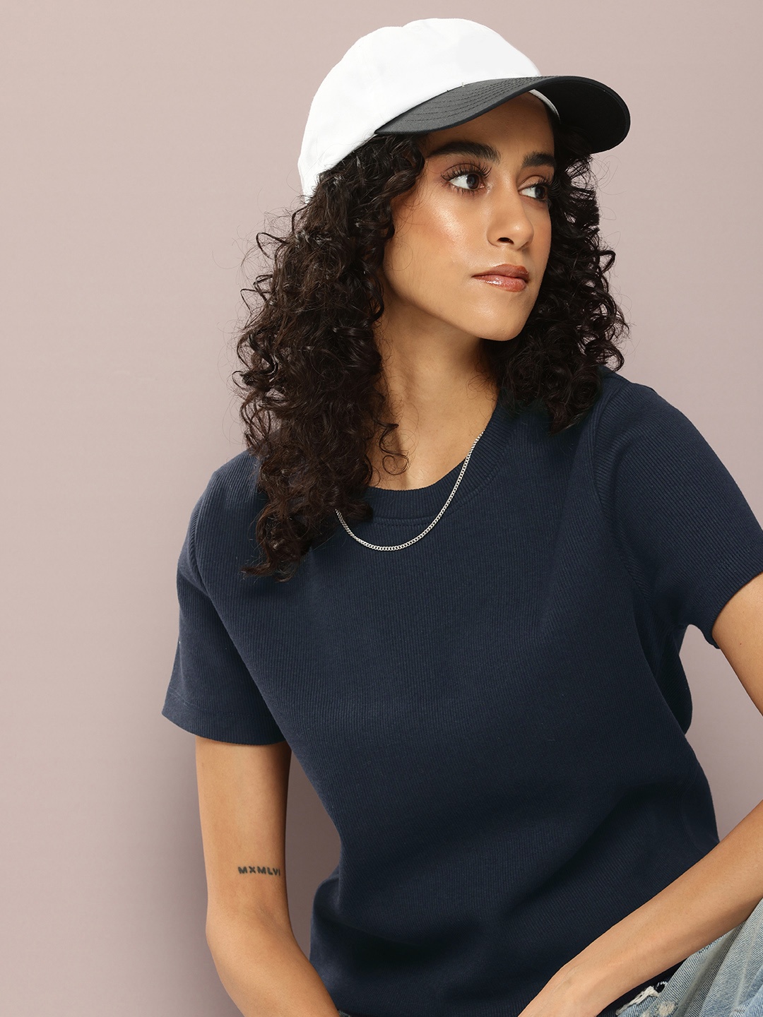 

Kook N Keech Women Solid Ribbed T-shirt, Navy blue