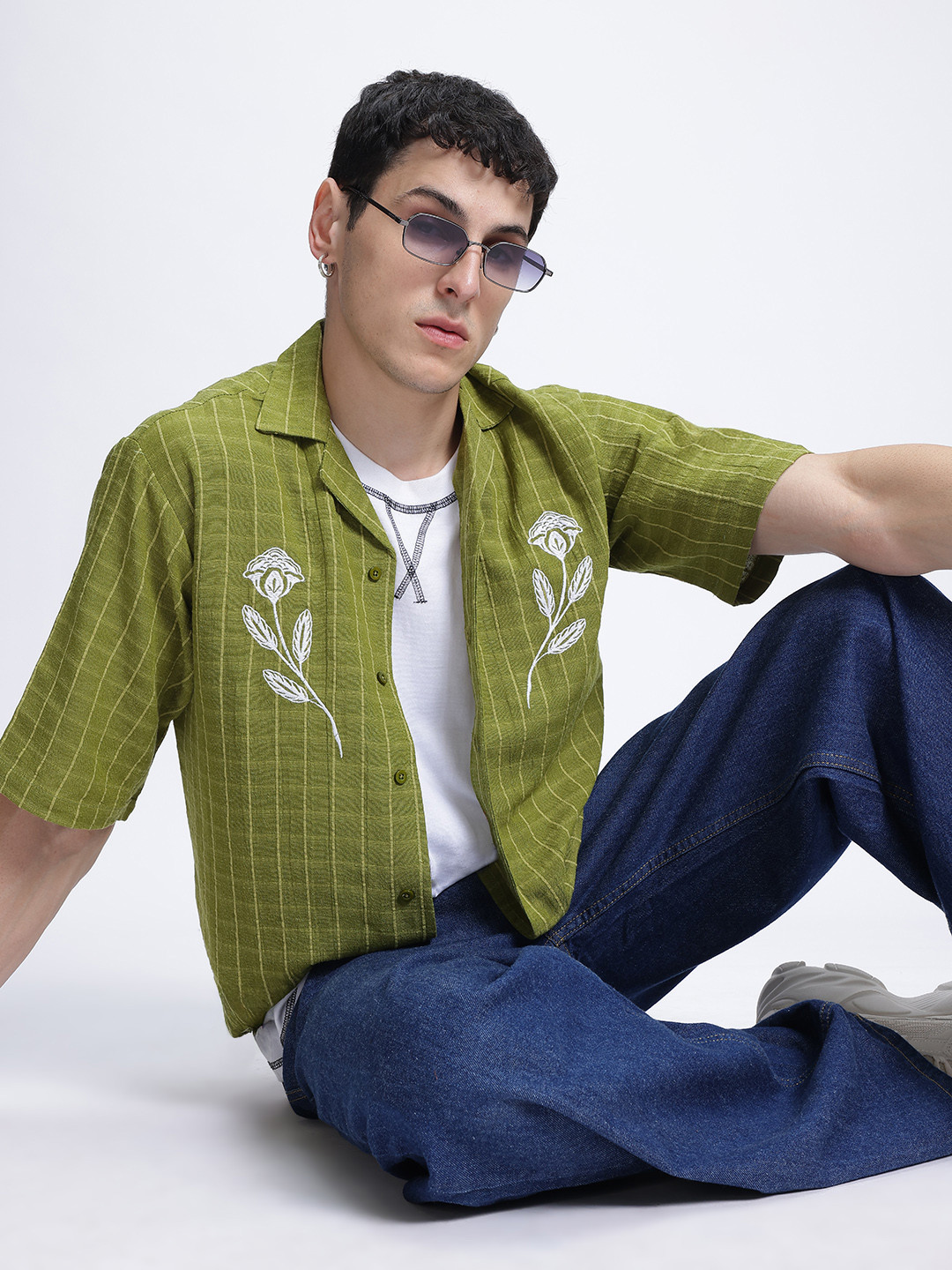 

glitchez Effortless Edge Embroidered Self Checked Shirt, Green