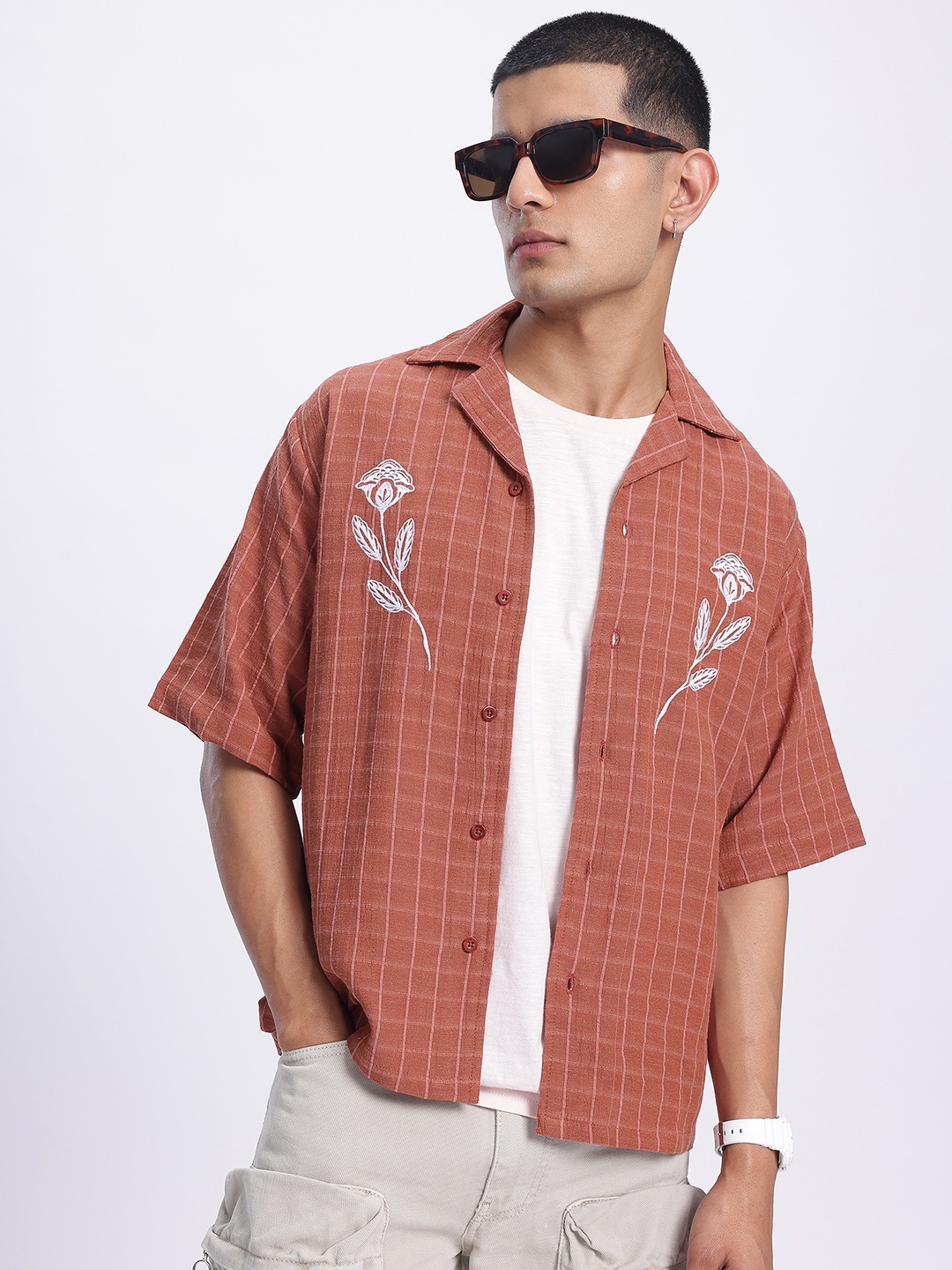 

glitchez Chill & Thrill Checked Embroidered Shirt, Rust