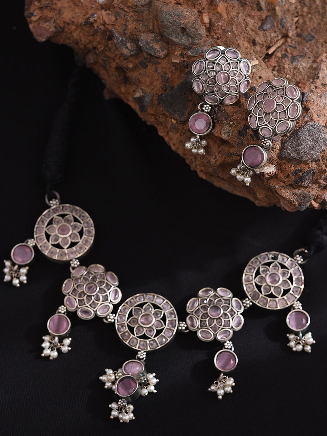 

JAYPORE Stones Studded & Beaded Oxidised Jewellery Set, Silver
