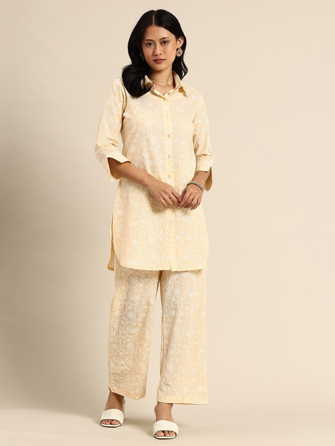 

A&K Floral Printed Shirt with Trouser Co-Ords, Beige