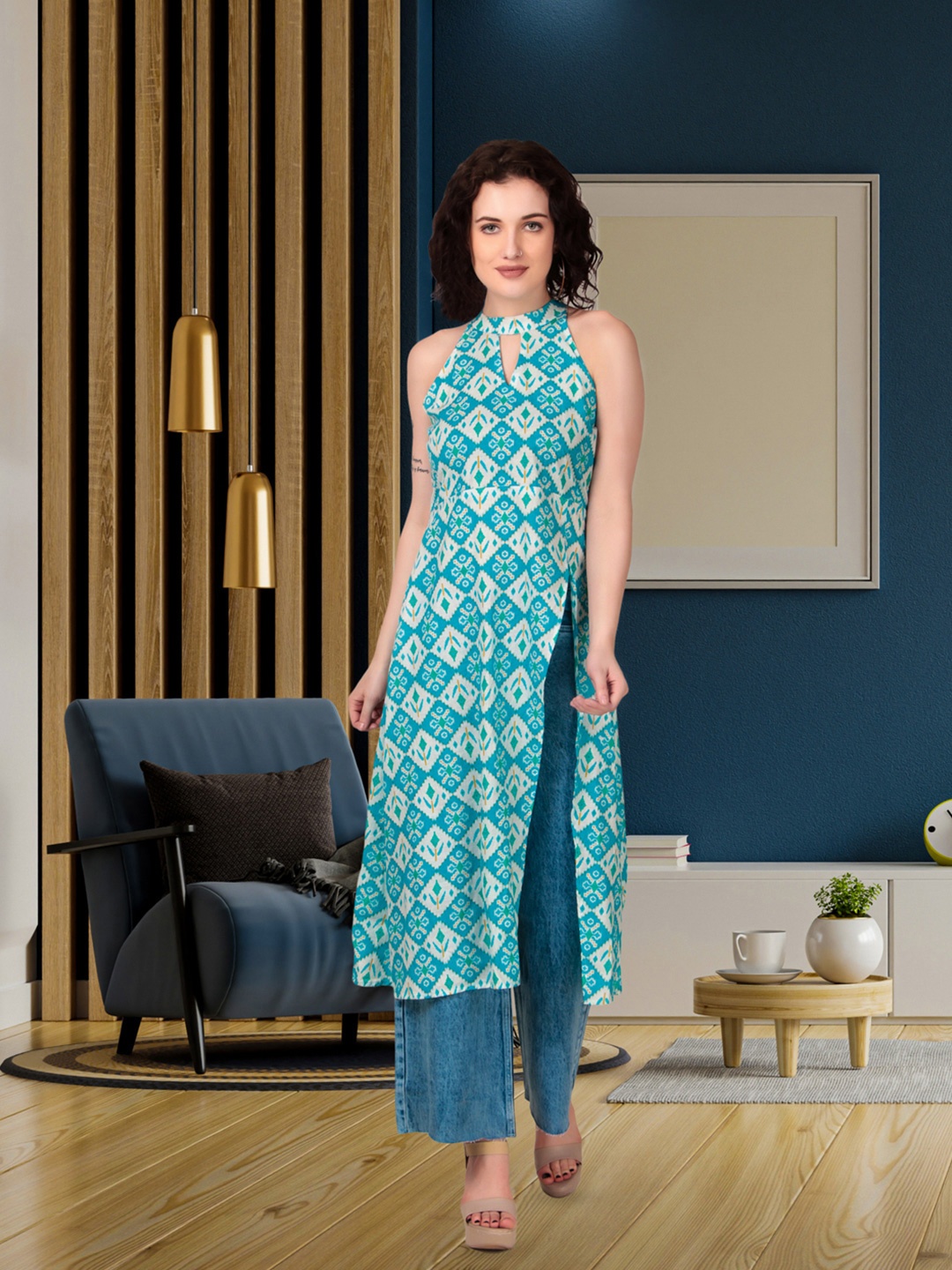 

Magnetism Jaipuri Traditional Ikkat Printed Halter Neck Kurta with Detachable Linning, Blue