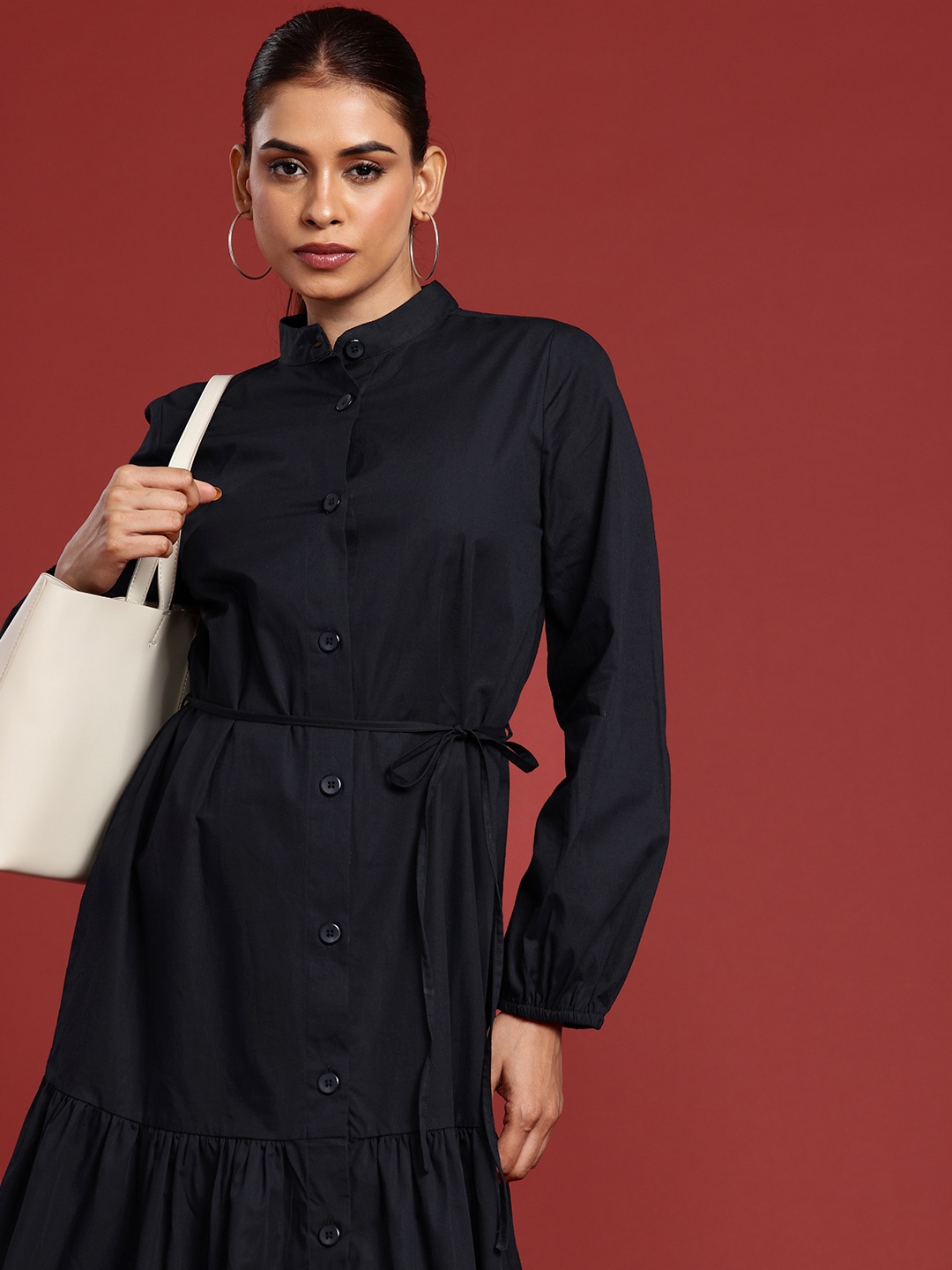 

all about you Puff Sleeves Pure Cotton A-Line Dress, Navy blue