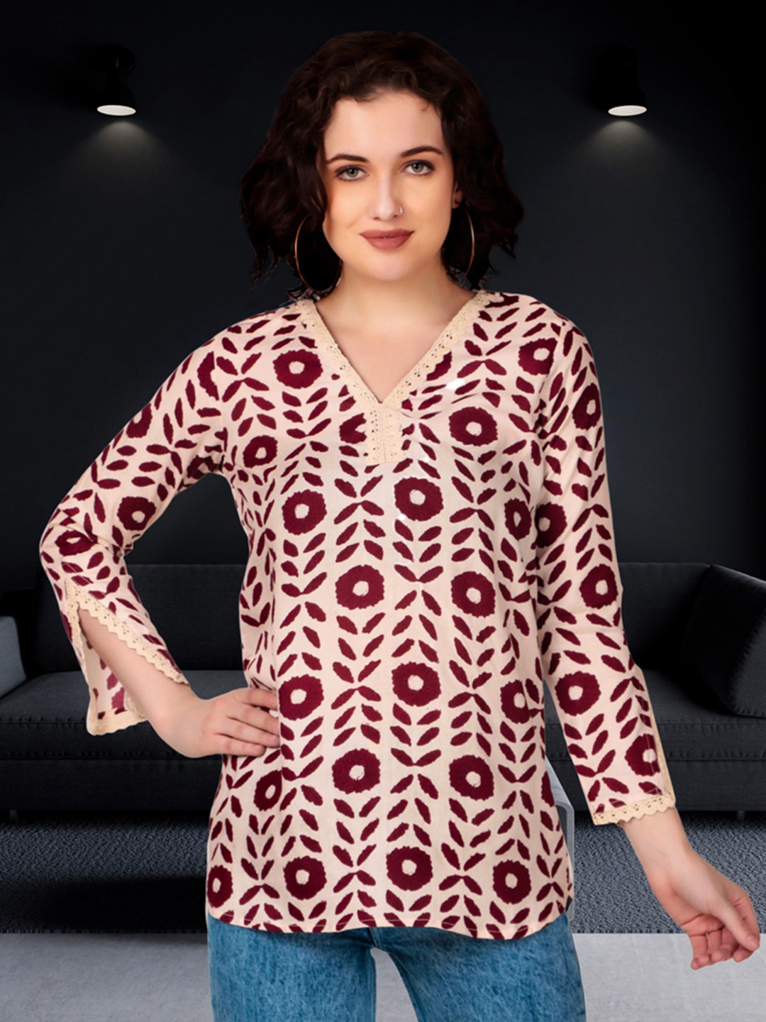 

Magnetism Printed Pure Cotton v Neck Tunics with Detachable Linning, Beige