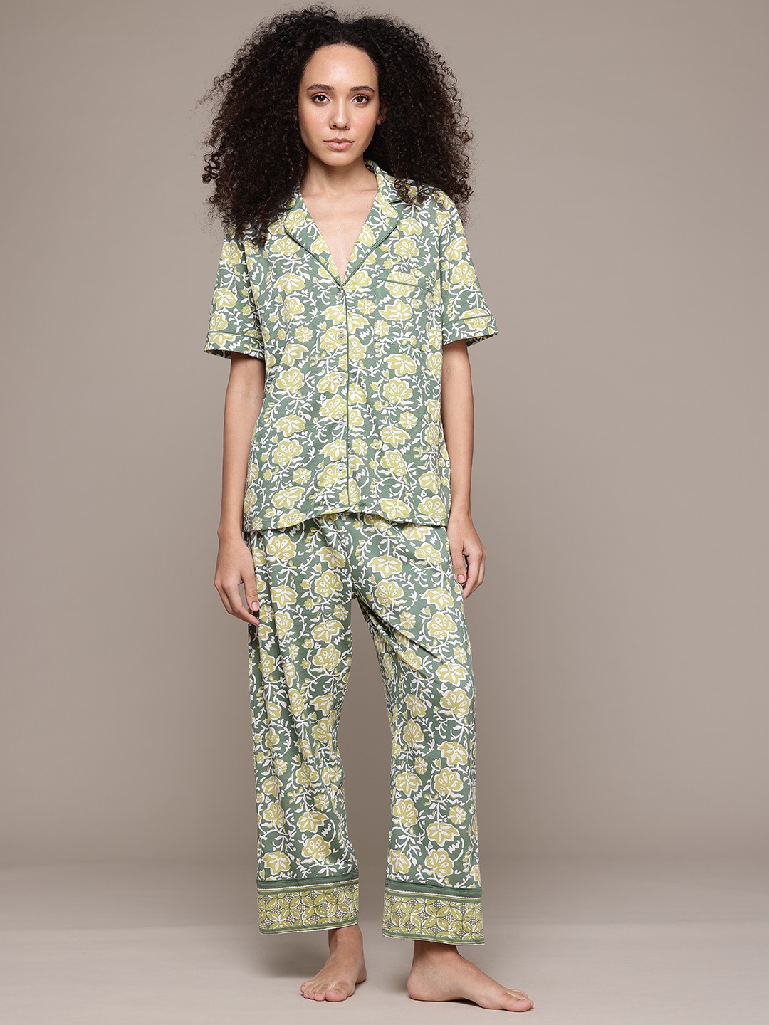 

women'secret Floral Printed Pure Cotton Night suit, Green