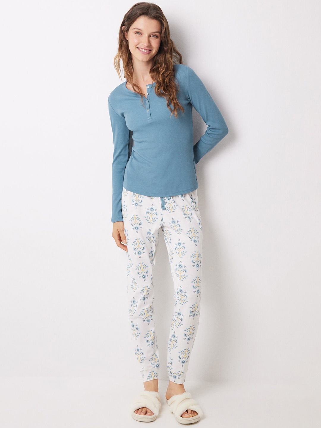 

women'secret Floral Printed Night suit, Blue