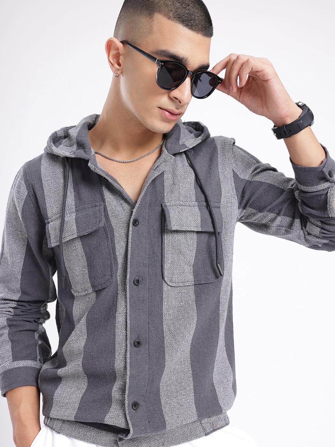 

Kook N Keech Urban Vibe Striped Hooded Casual Shirt, Grey