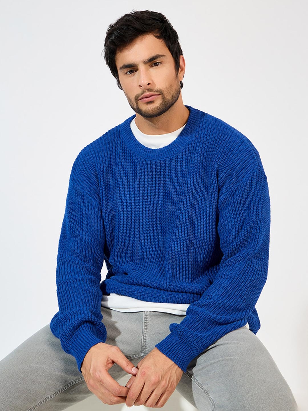 

Styli Men Textured Round Neck Long Sleeves Oversized Fit Pullover, Blue