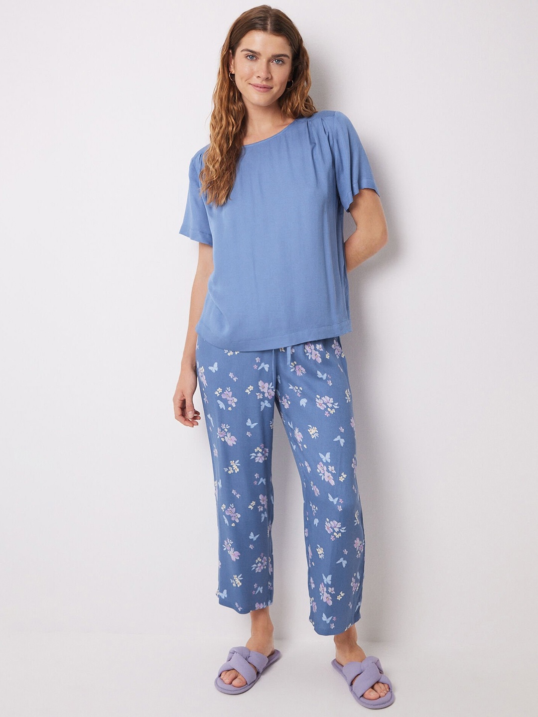 

women'secret Floral Printed Night Suit, Blue