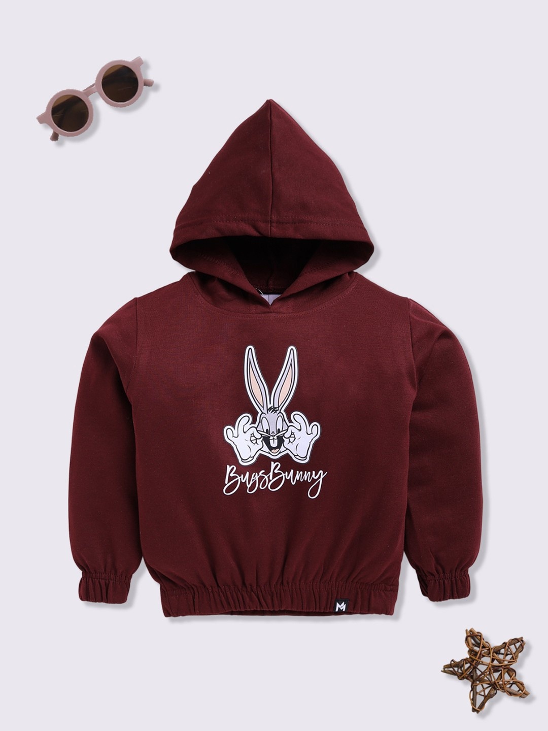 

YK X Minute Mirth Girls Looney Tunes Printed Fleece Hooded Sweatshirt, Burgundy