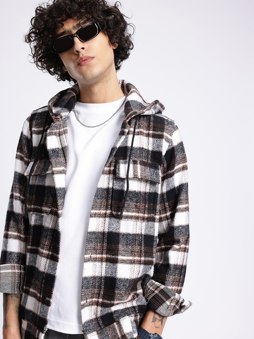 

Kook N Keech Edgy Cool Checked Hooded Shacket, Black