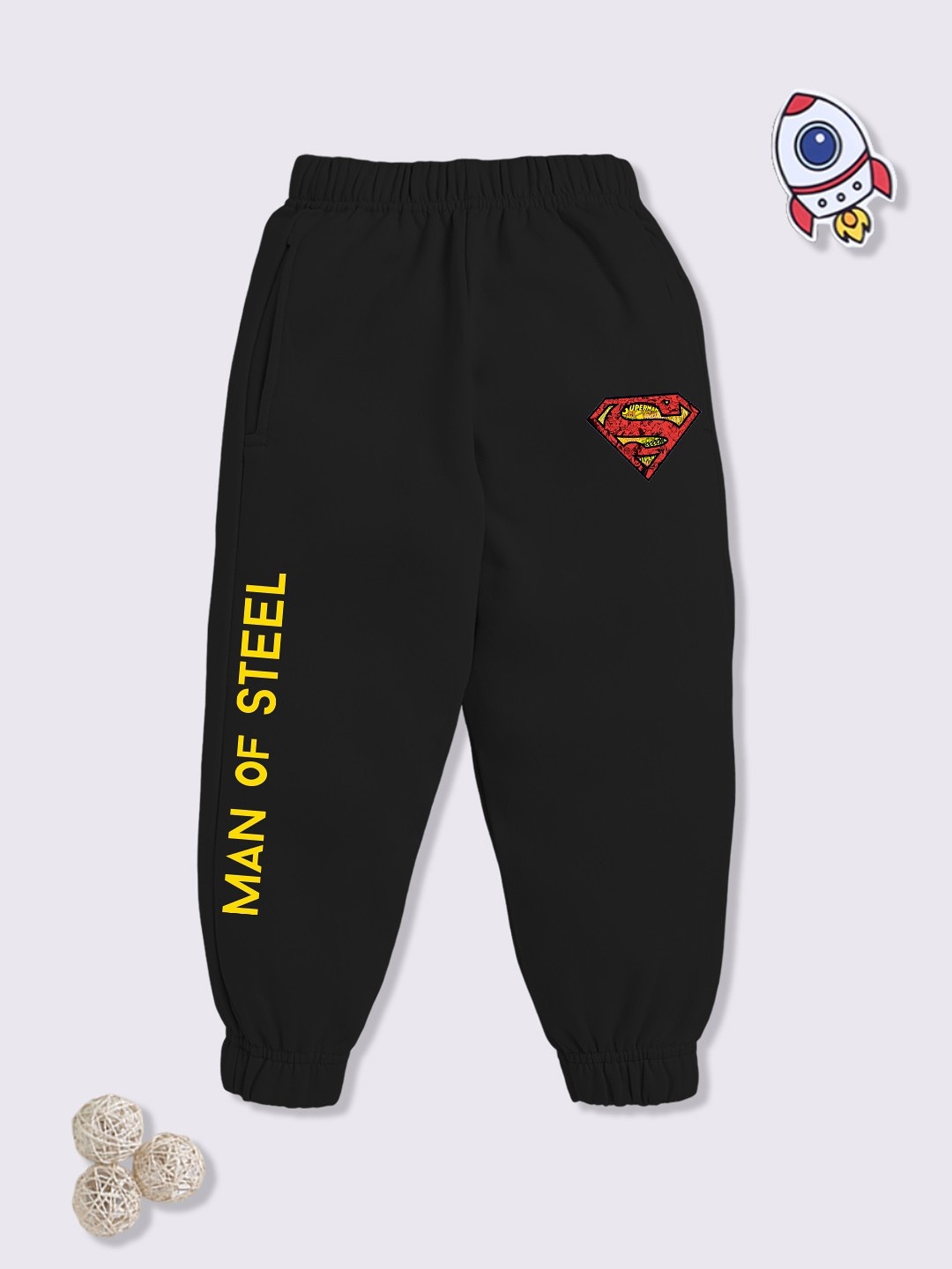 

YK X Minute Mirth Boys Superman Printed Pure Cotton Joggers, Black