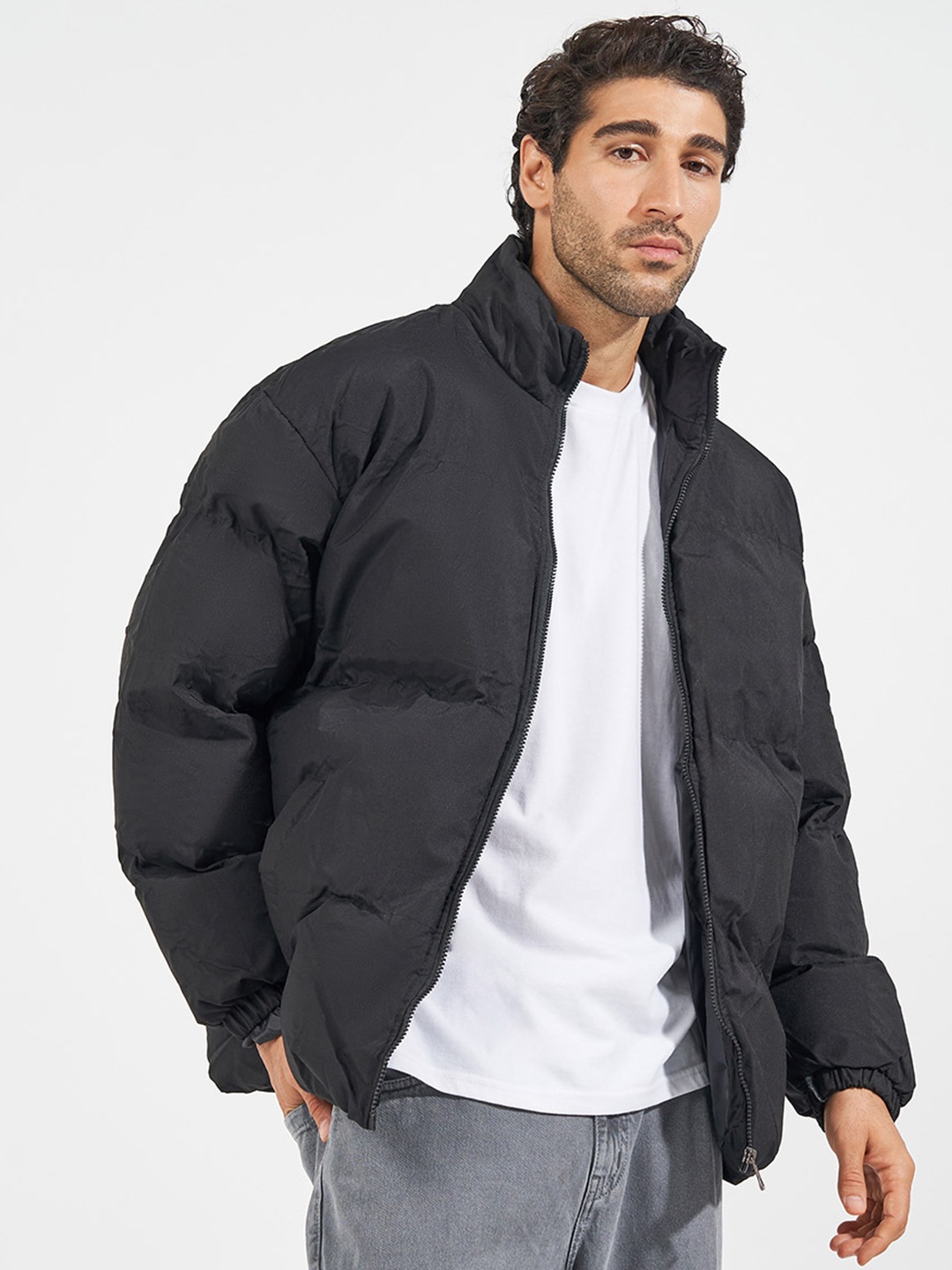 

Styli Men Mock Collar Solid Casual Puffer Jacket, Black
