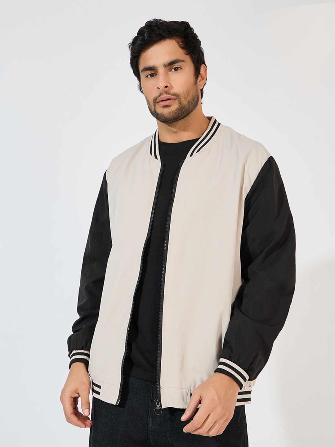 

Styli Men Stand Collar Colourblocked Casual Open Front Jacket, Beige