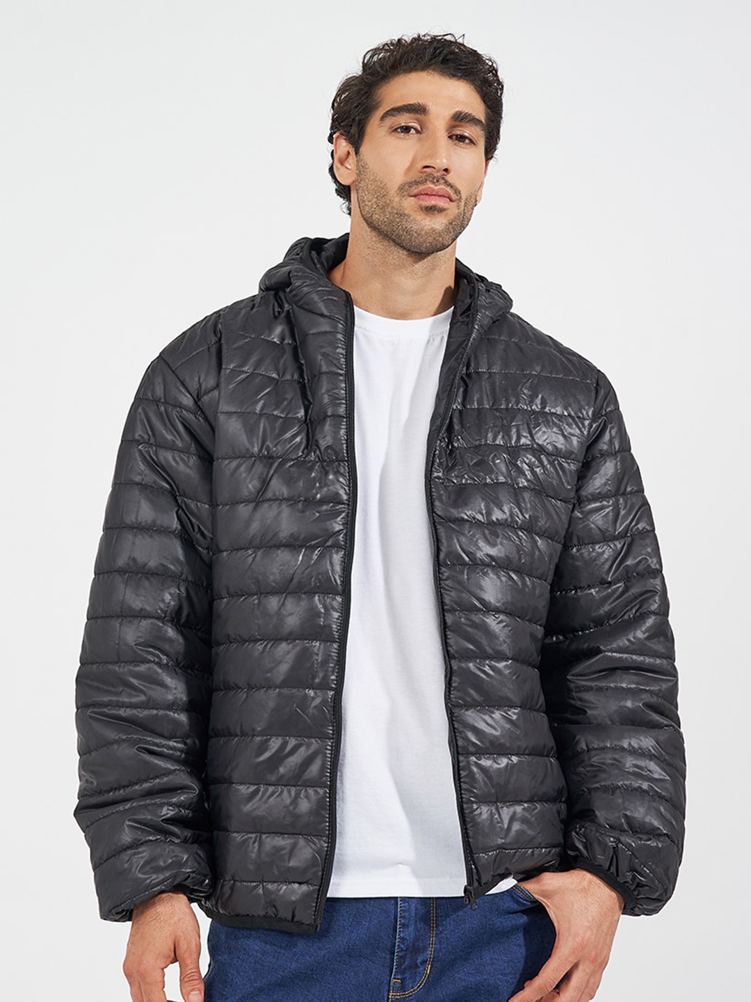 

Styli Men Hooded Solid Casual Puffer Jacket, Black