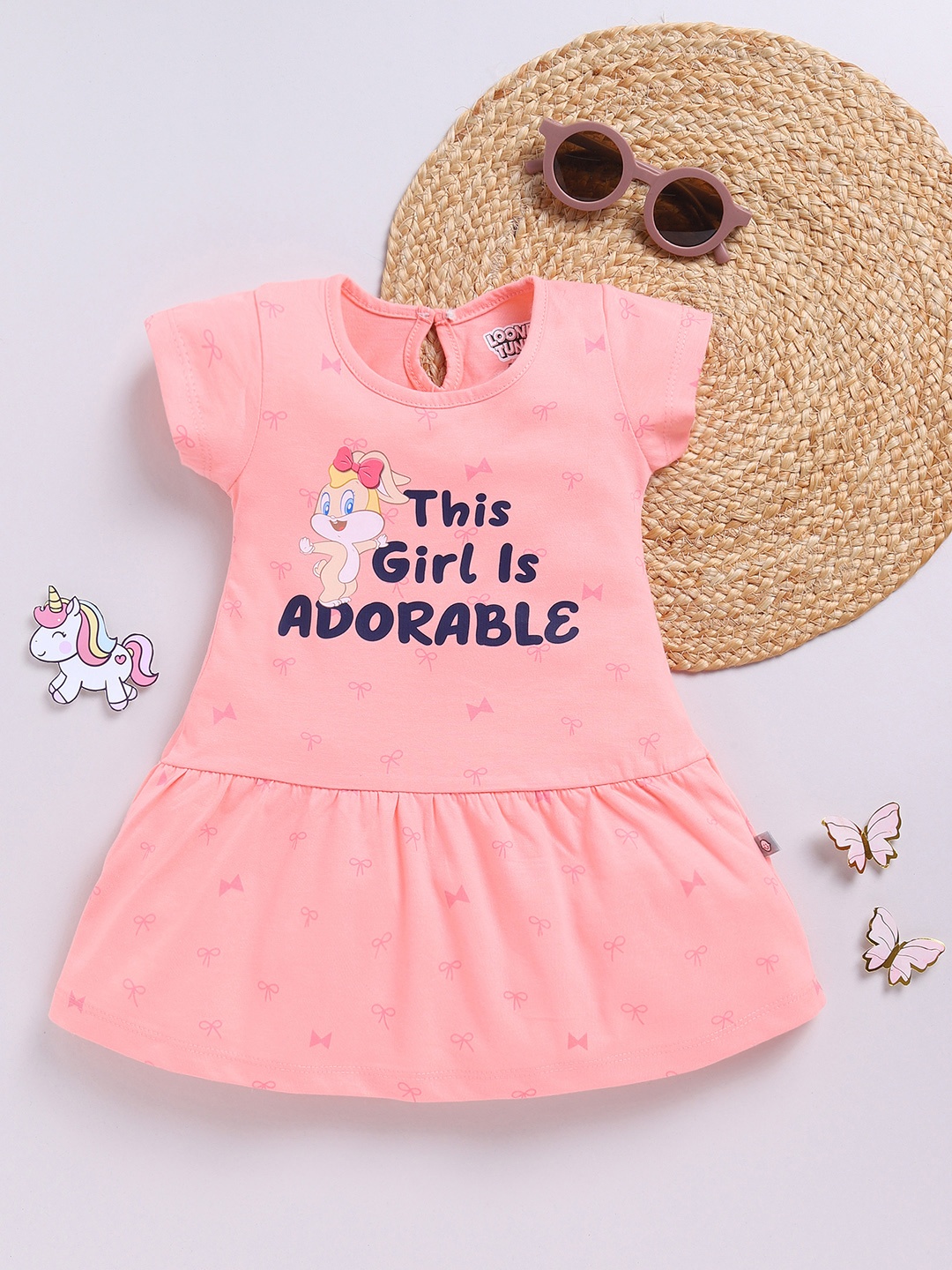 

YK X Tinyo Infant Girls Lola Looney Tunes Printed Pure Cotton A-Line Dress, Peach