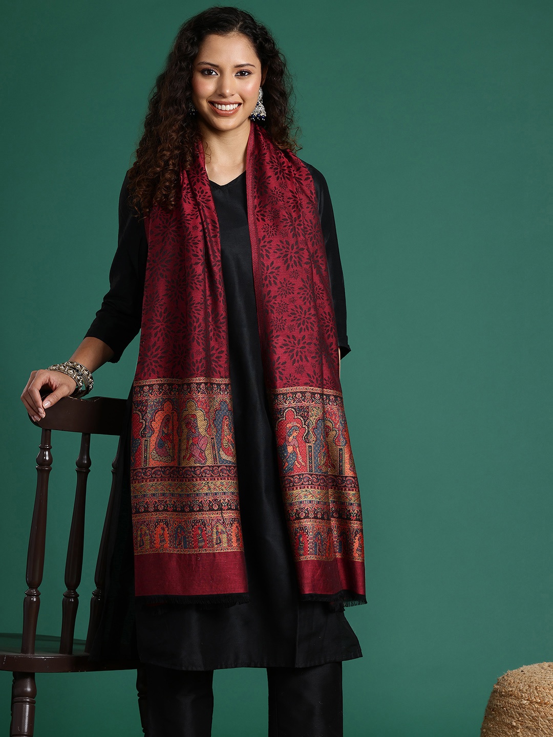 

Sangria Women Woven Design Stole, Red