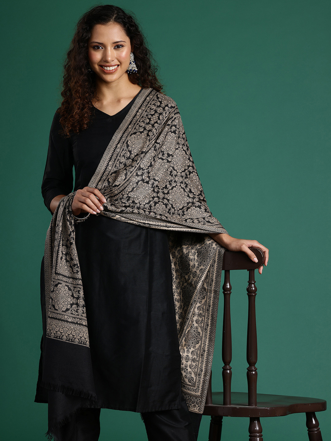 

Sangria Women Woven Design Stole, Black
