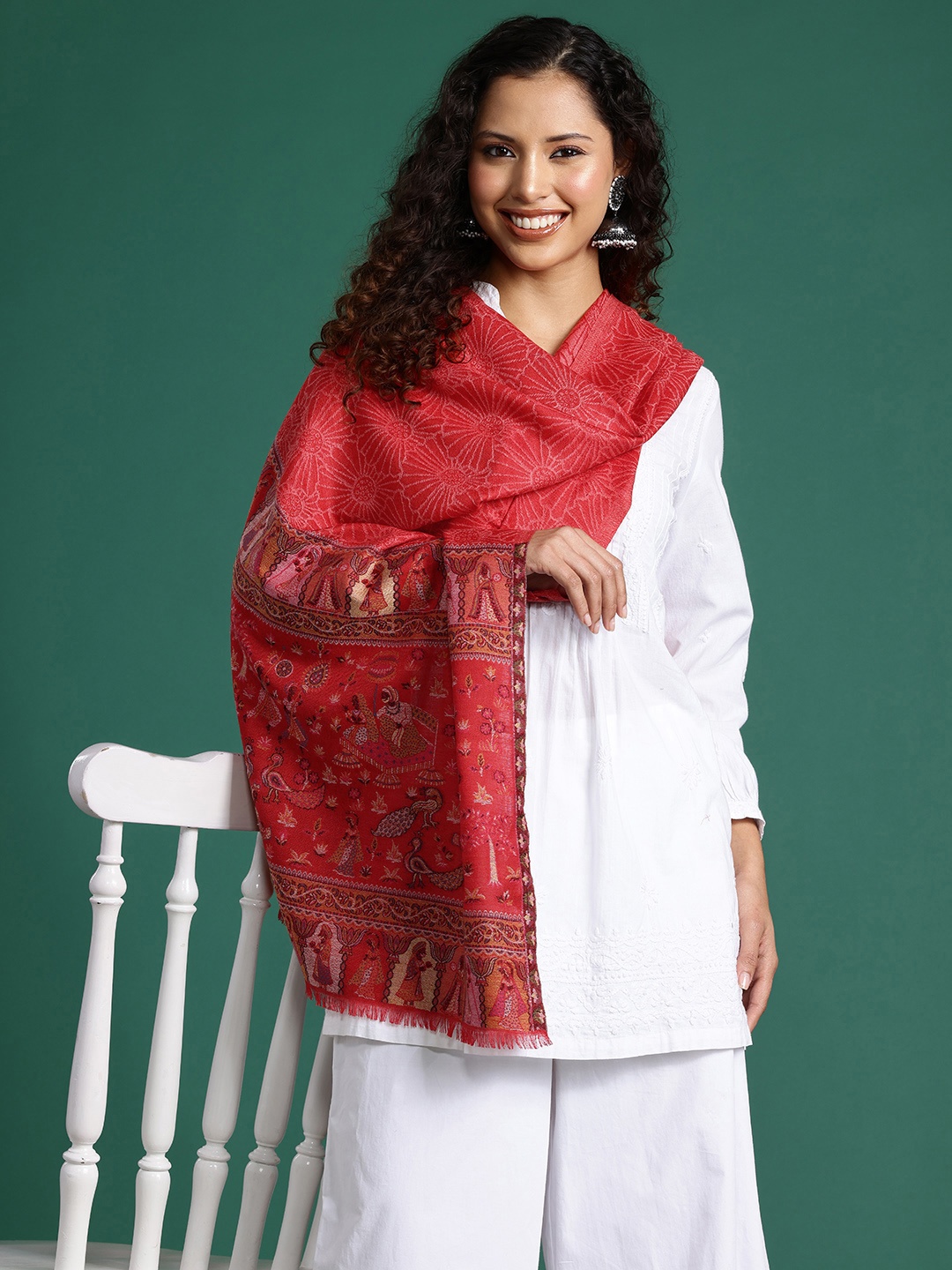 

Sangria Women Woven Design Stole, Red