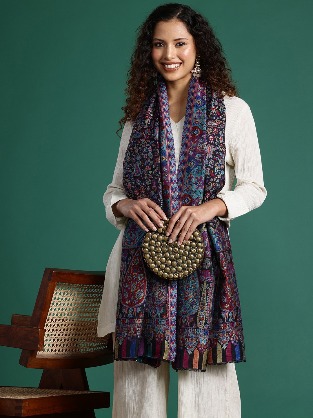 

Sangria Women Woven Design Stole, Black