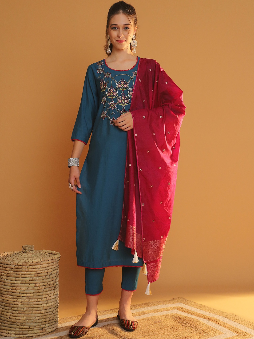 

Tulsattva Floral Embroidered V-Neck Regular Chanderi Cotton Kurta & Trouser & Dupatta, Teal