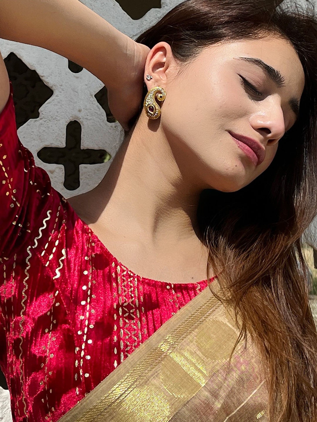 

Bindigasm's Advi Striped Stretchable Saree Blouse, Red