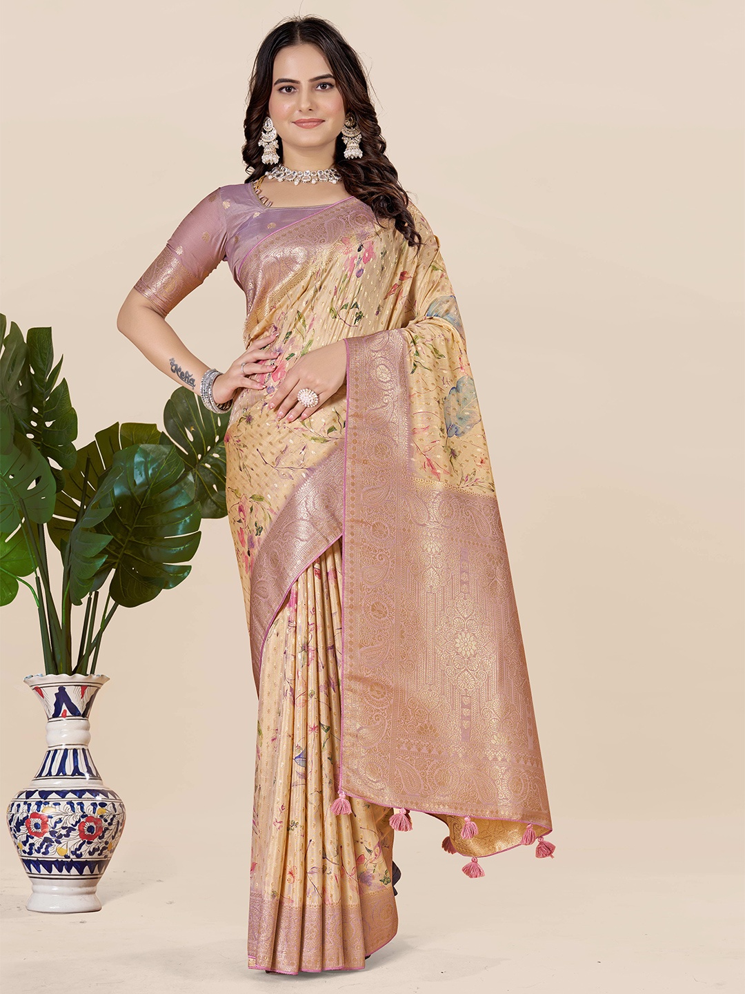 

ETHNIC TODAY Floral Zari Art Silk Tussar Saree, Purple