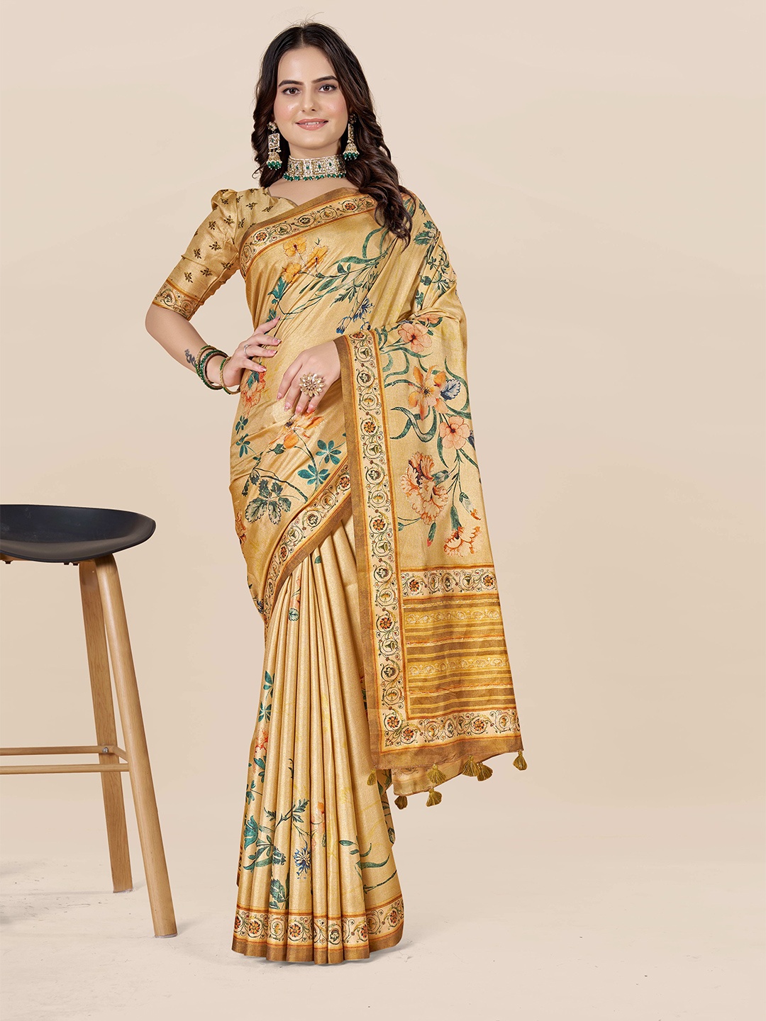 

ETHNIC TODAY Floral Art Silk Saree, Yellow