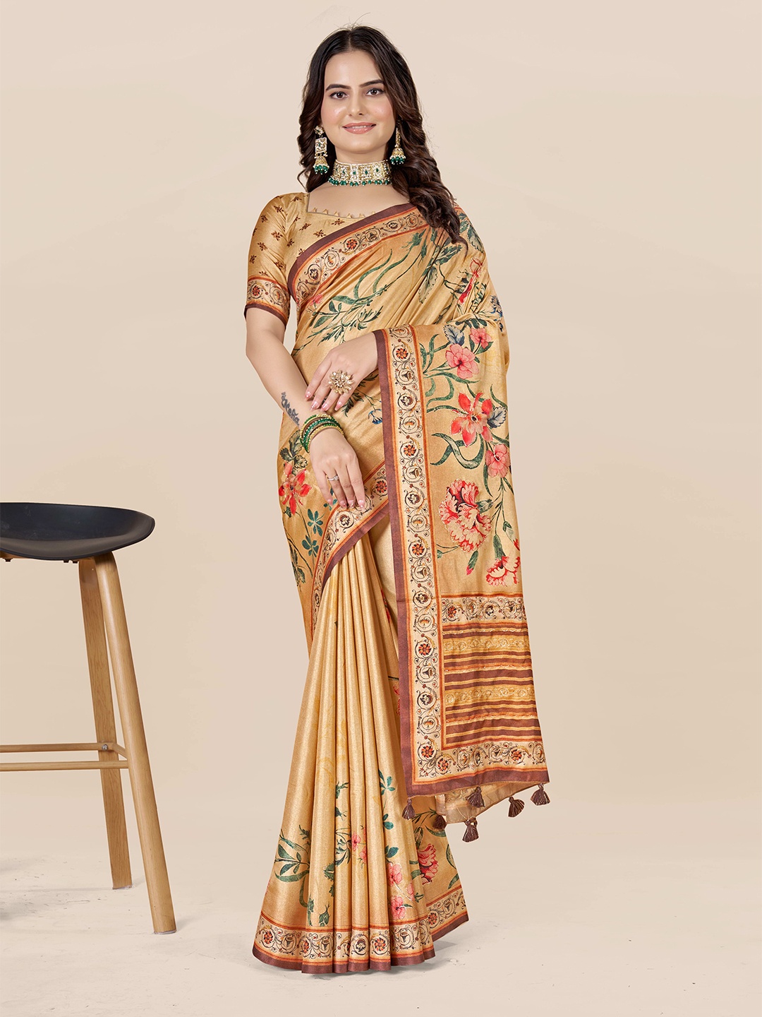 

ETHNIC TODAY Floral Art Silk Saree, Beige