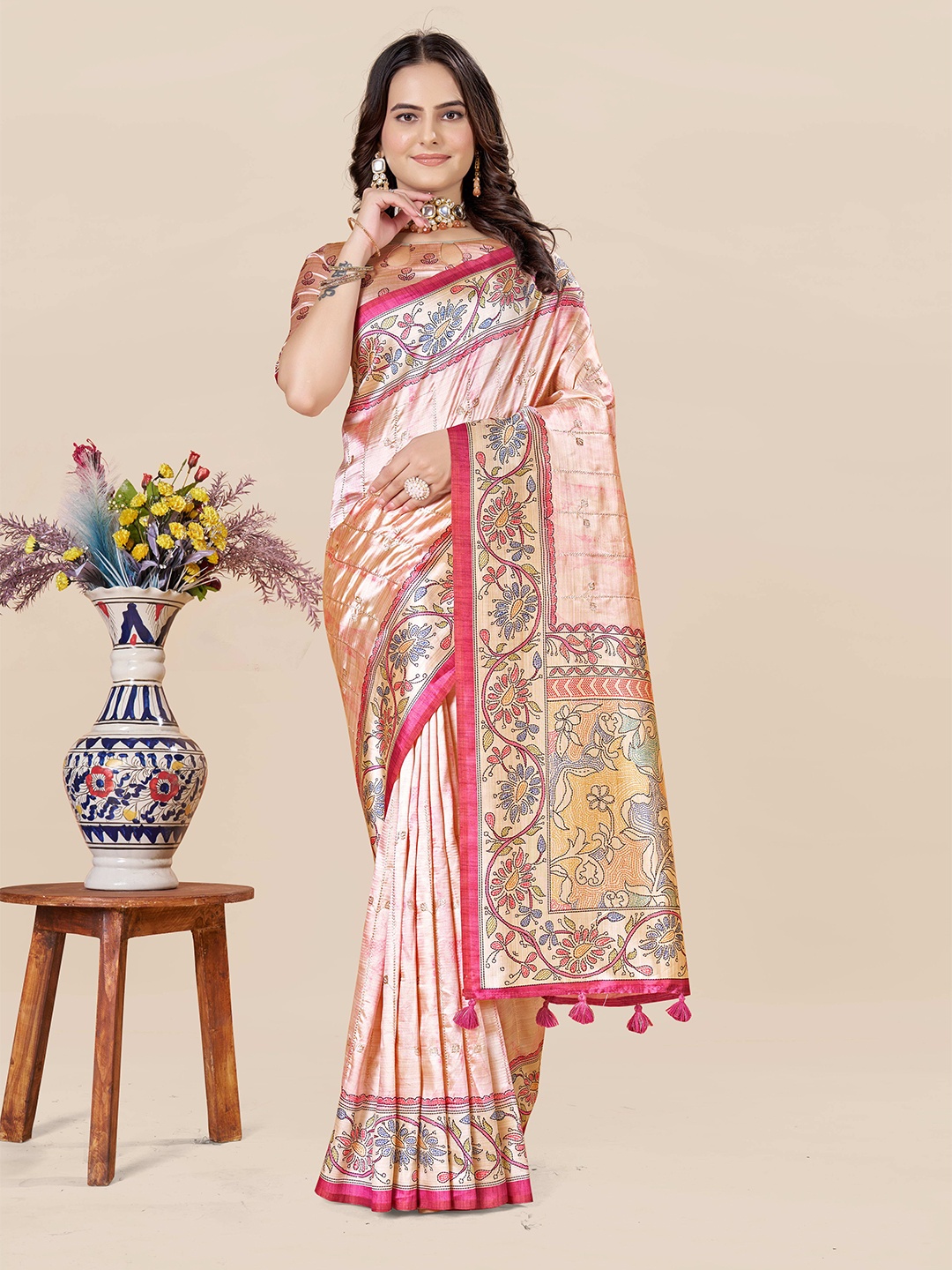 

ETHNIC TODAY Floral Art Silk Saree, Rose